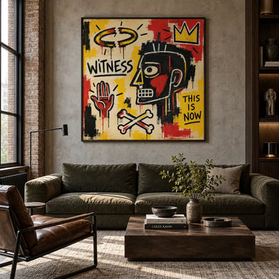 Witness Beneath a Broken Halo: artwork above a green sofa near a brick window and brown leather chair