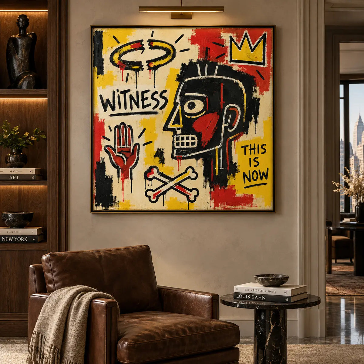 Witness Beneath a Broken Halo: artwork beneath a picture light above a brown armchair with a draped throw